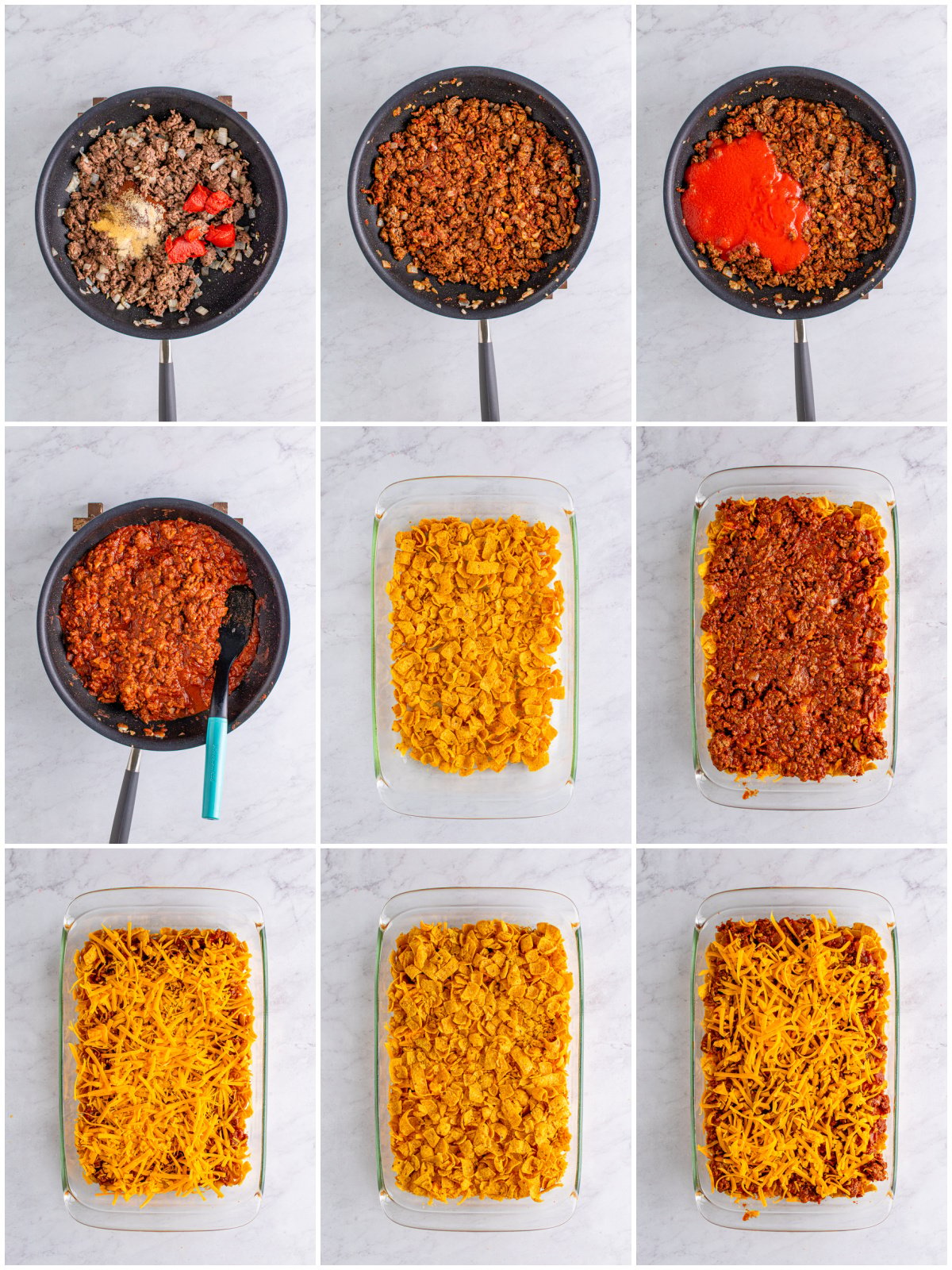 Step by step photos on how to make Frito Chili Pie Casserole.