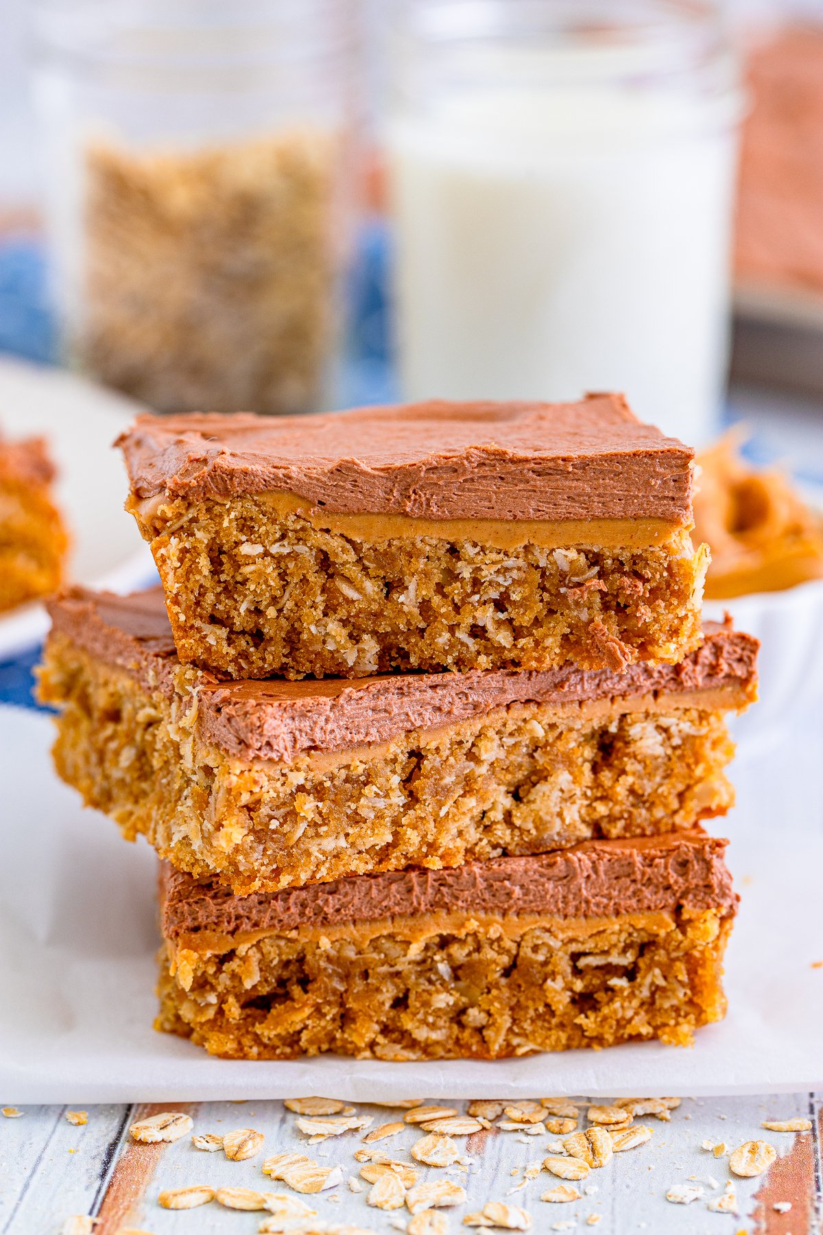 Three stacked Lunch Lady Peanut Butter Bars.