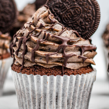 Close up of one Oreo Cupcake garnished.
