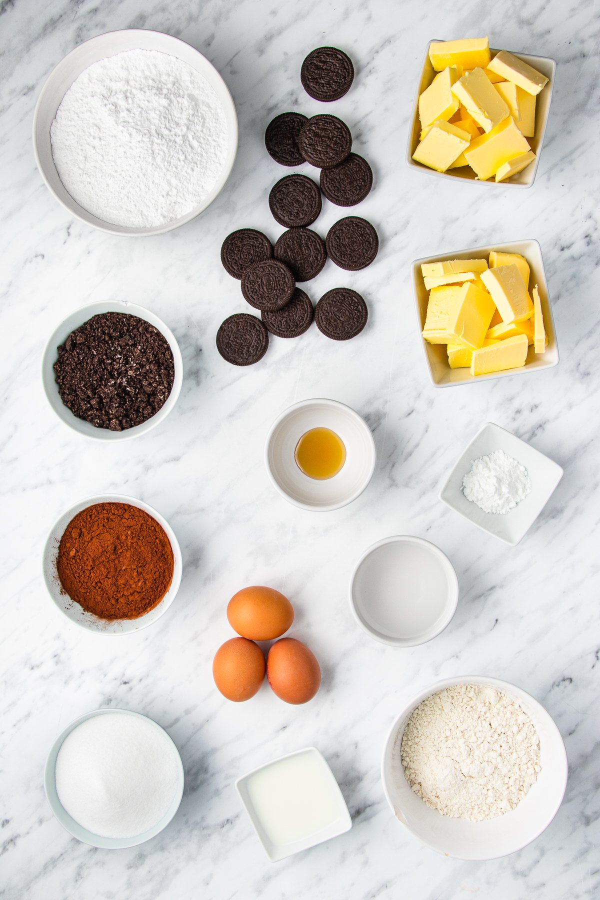 Ingredients needed to make Oreo Cupcakes.