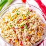 Finished Tuna Pasta Salad in clear bowl.