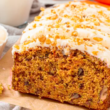 Close up of Carrot Cake Loaf on parchment paper cut.