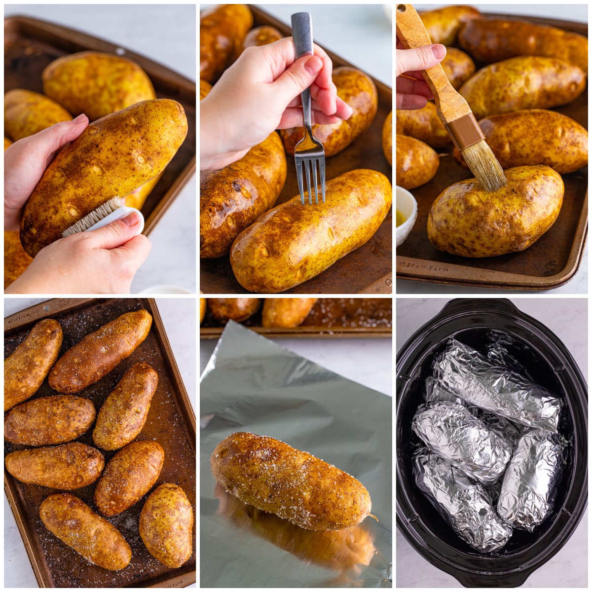 Step by step photos on how to make Slow Cooker Baked Potatoes.