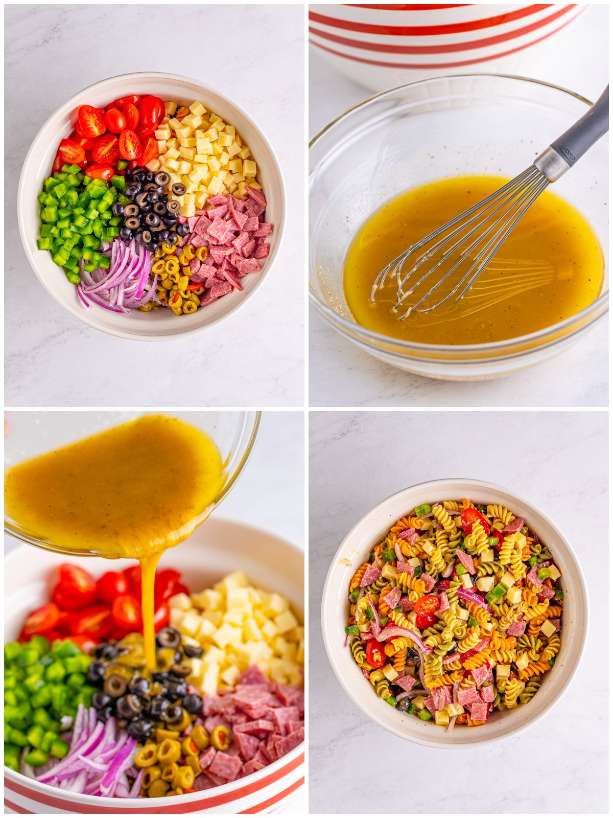Step by step photos on how to make a Classic Pasta Salad.