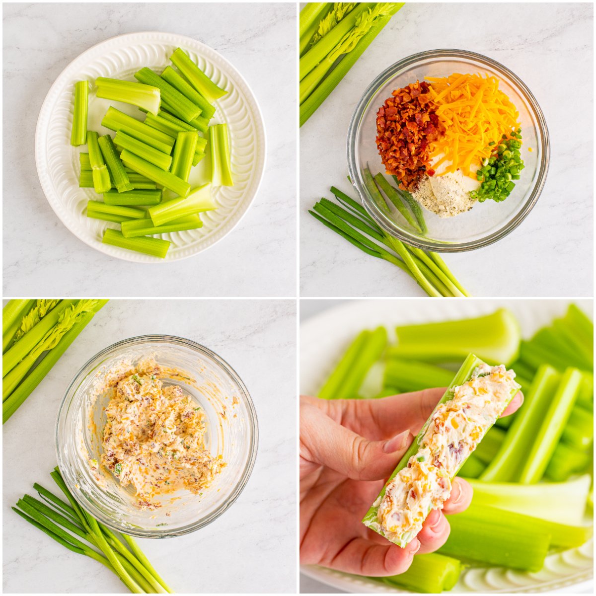 Step by step photos on how to make Cheddar Bacon Ranch Stuffed Celery Sticks.