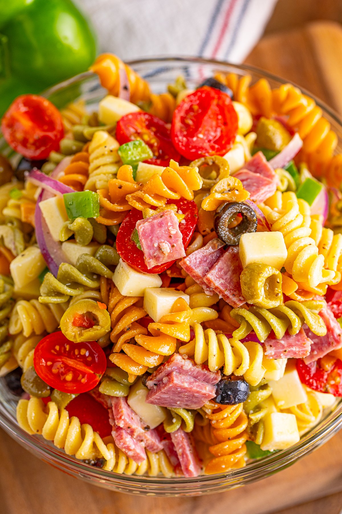 Overhead close up of Classic Pasta Salad showing all ingredients.