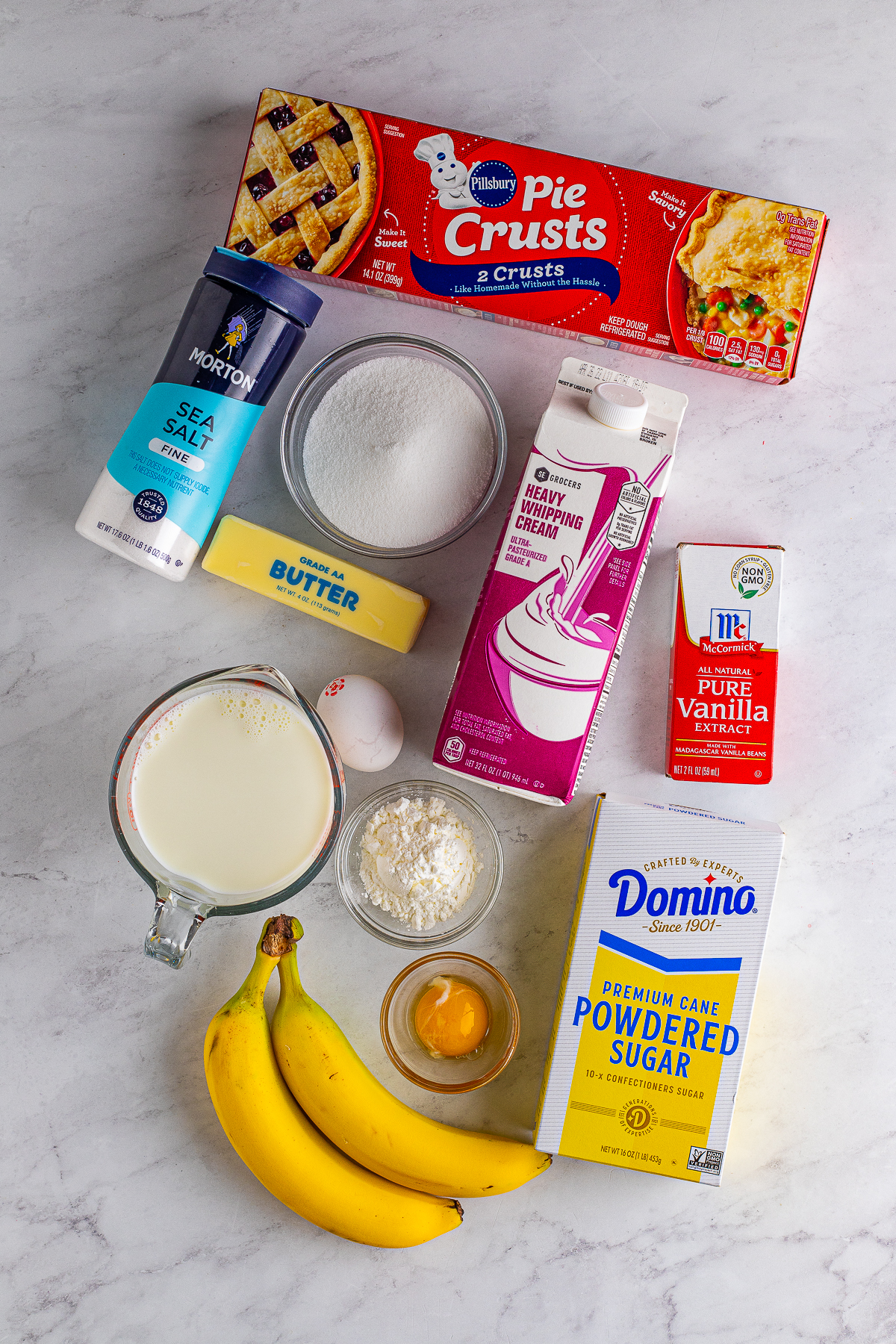 Ingredients needed to make Banana Cream Pie.