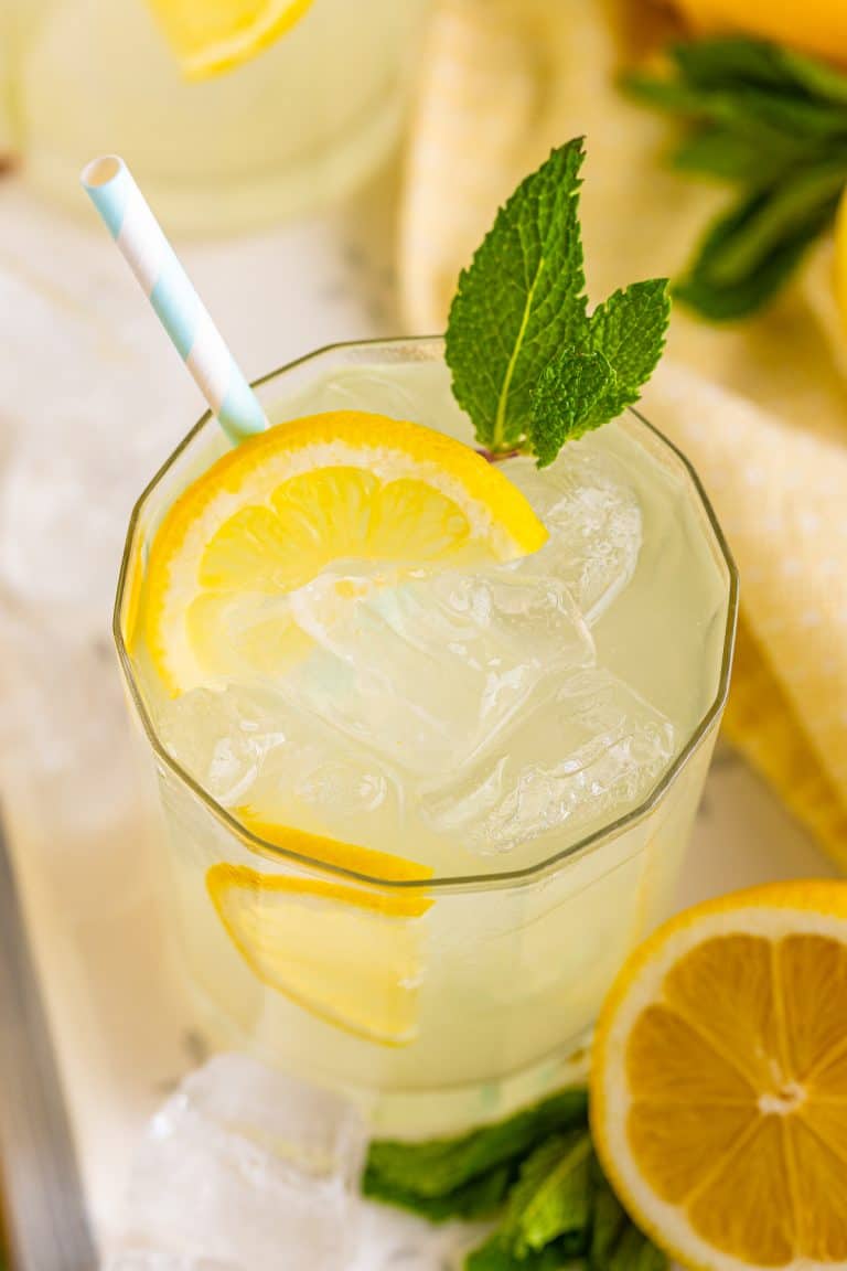 A close-up glass of homemade lemonade over ice with a fresh lemon slice and mint.