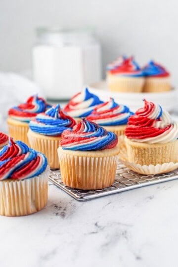 4th of July cupcakes with red, white, and blue buttercream swirls.