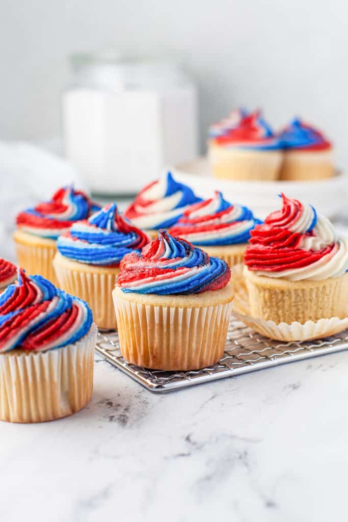 4th of July cupcakes with red, white, and blue buttercream swirls.