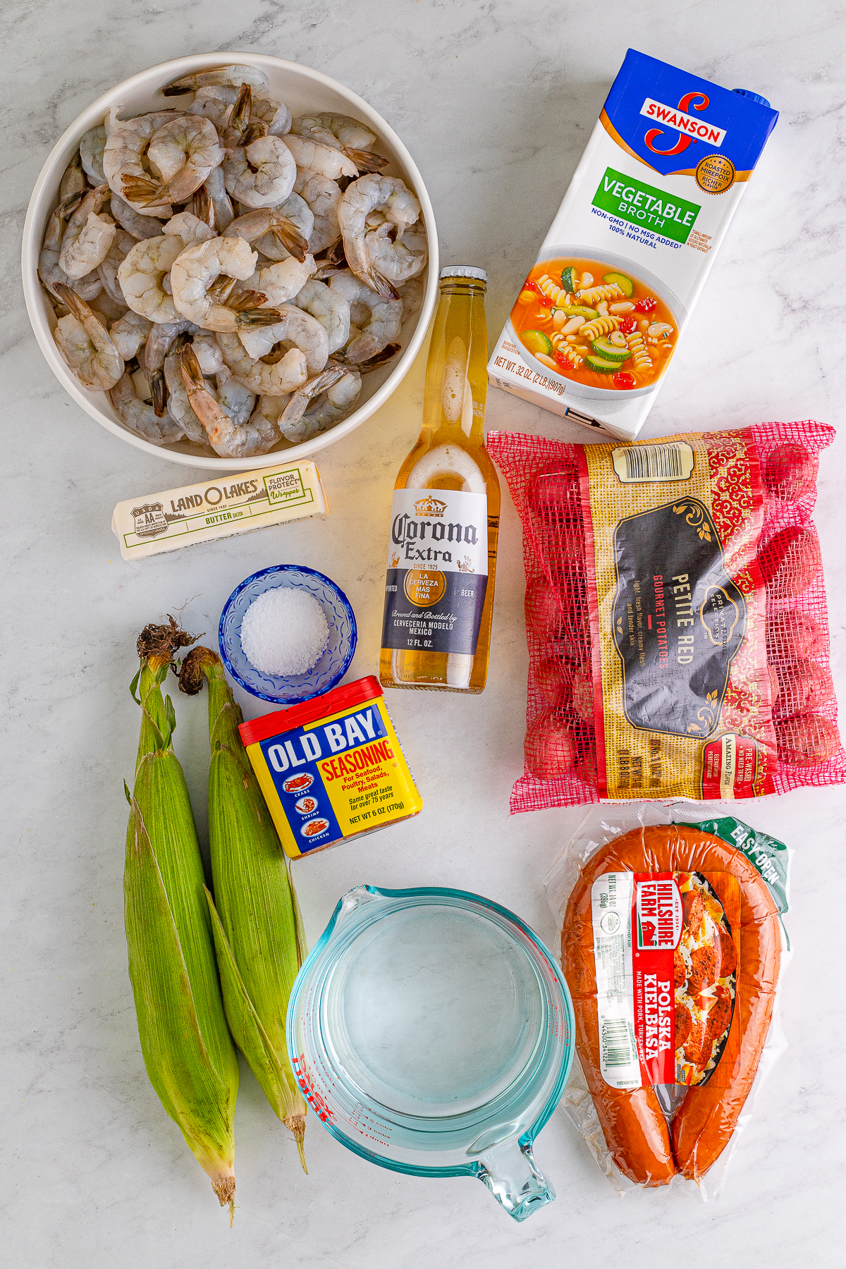 Ingredients needed to make a Shrimp Boil.