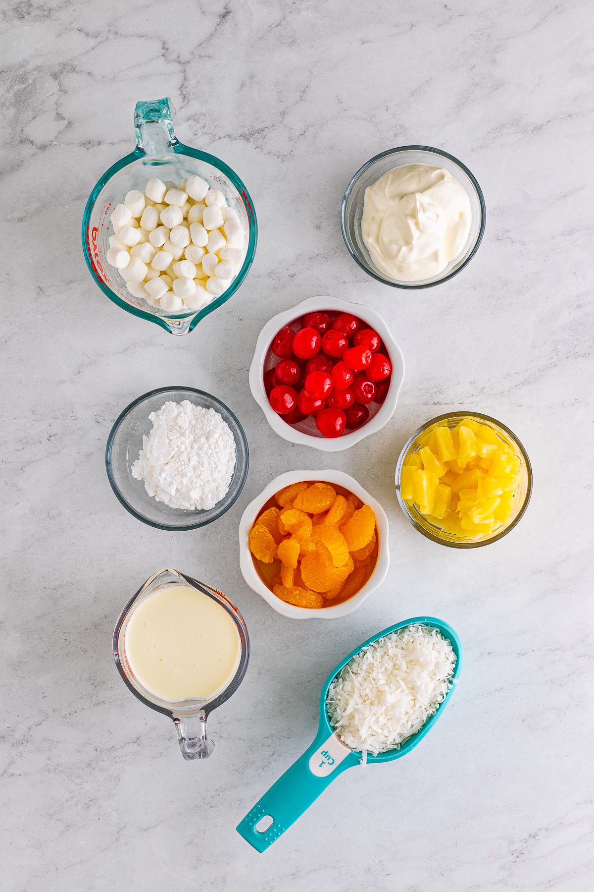 Ingredients needed to make an Ambrosia Salad Recipe.