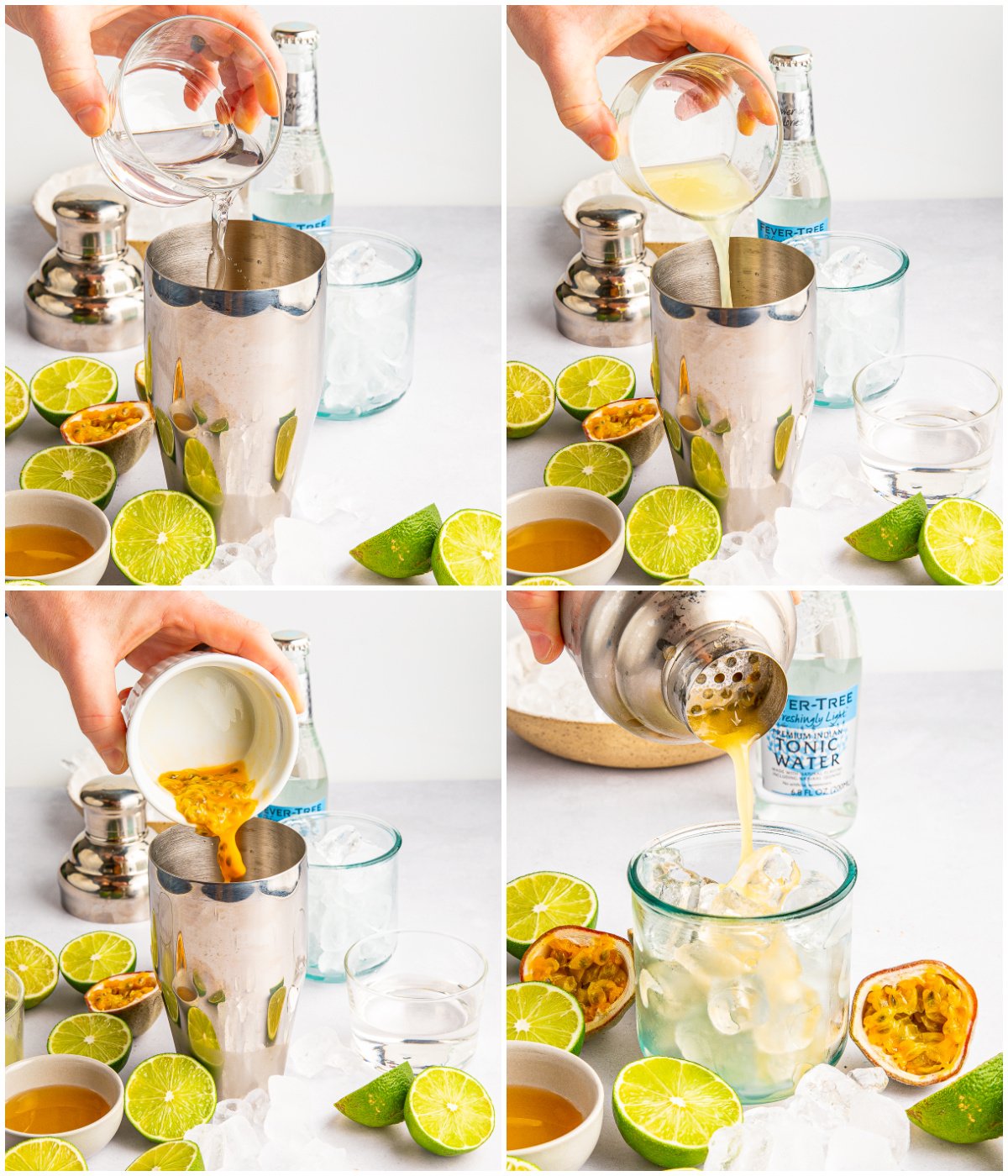 Step by step photos on how to make a Passion Fruit Gin Fizz.