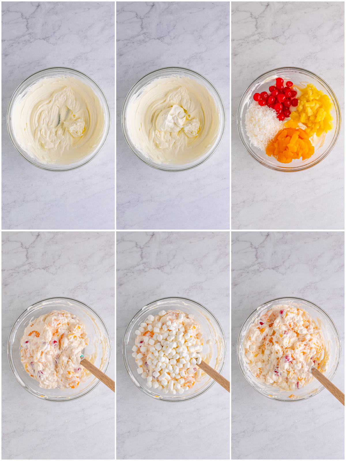 Step by step photos on how to make an Ambrosia Salad Recipe.