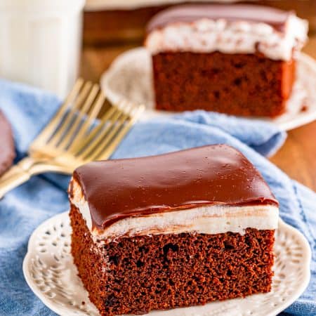 Two slices of the Ding Dong Cake on white plates.