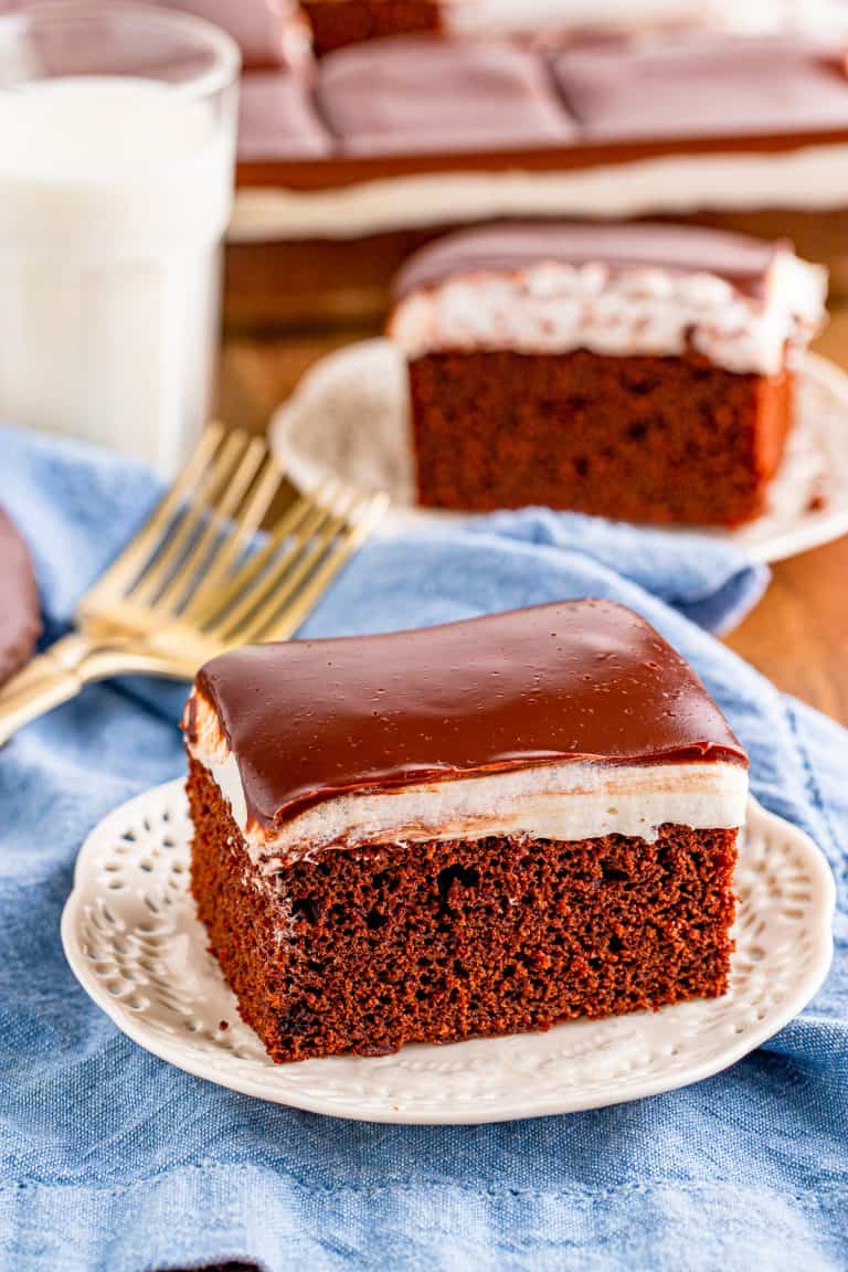 Two slices of the Ding Dong Cake on white plates.