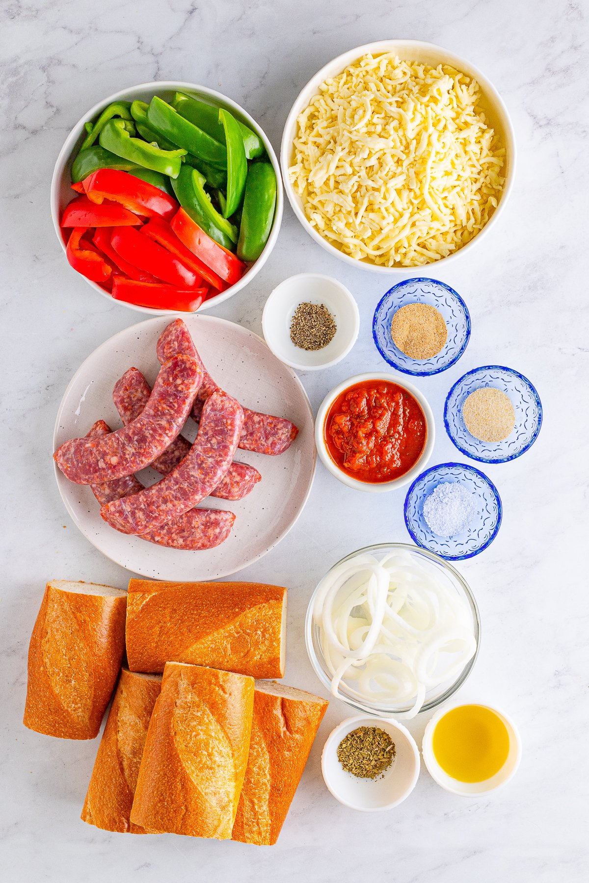 Ingredients needed to make Grilled Italian Sausage Sandwiches.