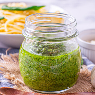 Homemade Pesto in glass jar.