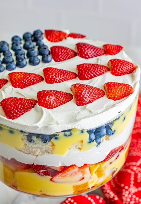 Finished Trifle showing layers, topped with a flag design.