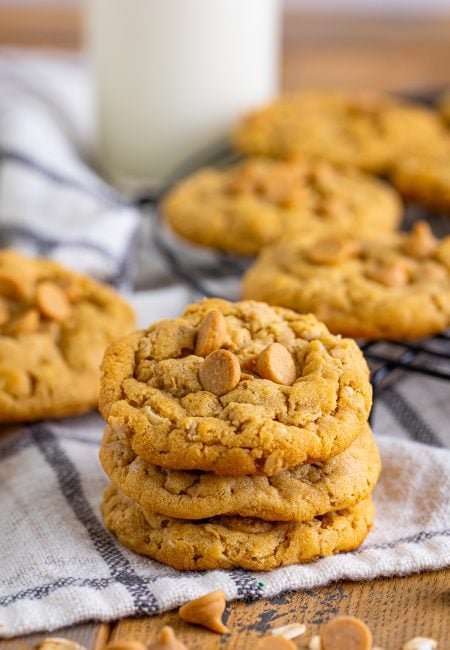 Three stacked Peanut Butter Oatmeal Cookies.