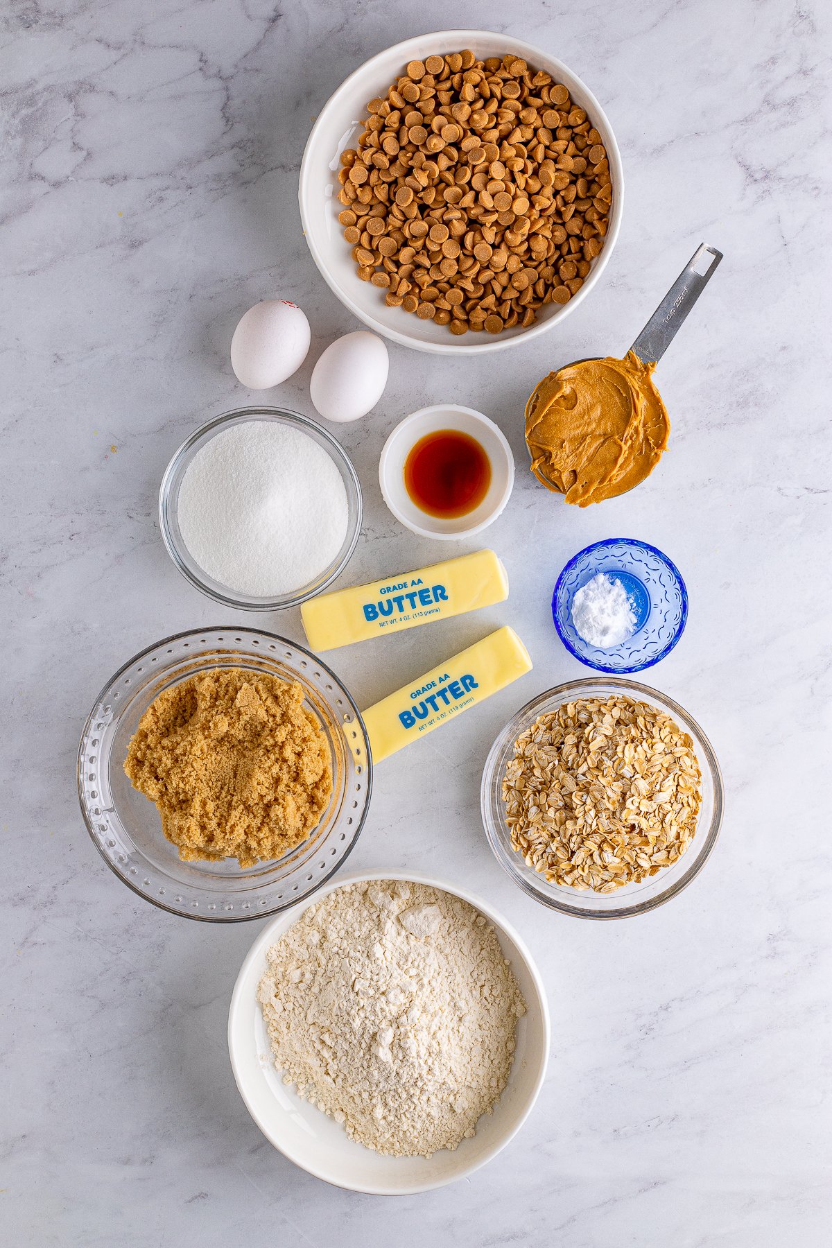 Ingredients needed to make Peanut Butter Oatmeal Cookies.
