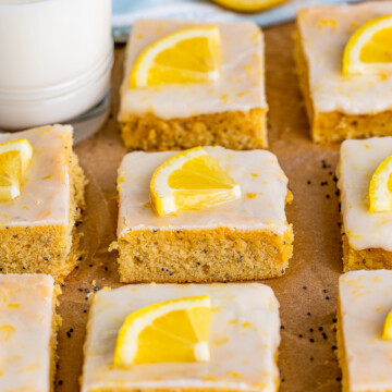 45 degree angle of finished lemon poppyseed bars