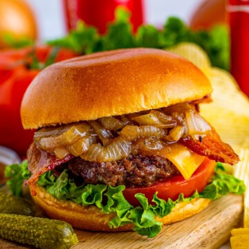 Close up of one of the assembled Bacon Cheeseburgers with Coca-Cola Onions.