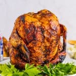 A whole beer can chicken standing upright with crispy mahogany skin on a white platter