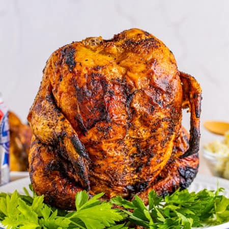 A whole beer can chicken standing upright with crispy mahogany skin on a white platter