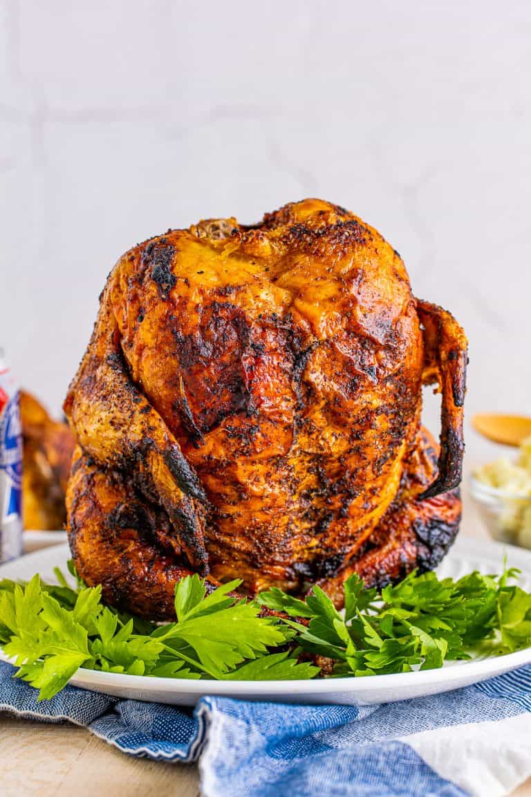 A whole beer can chicken standing upright with crispy mahogany skin on a white platter