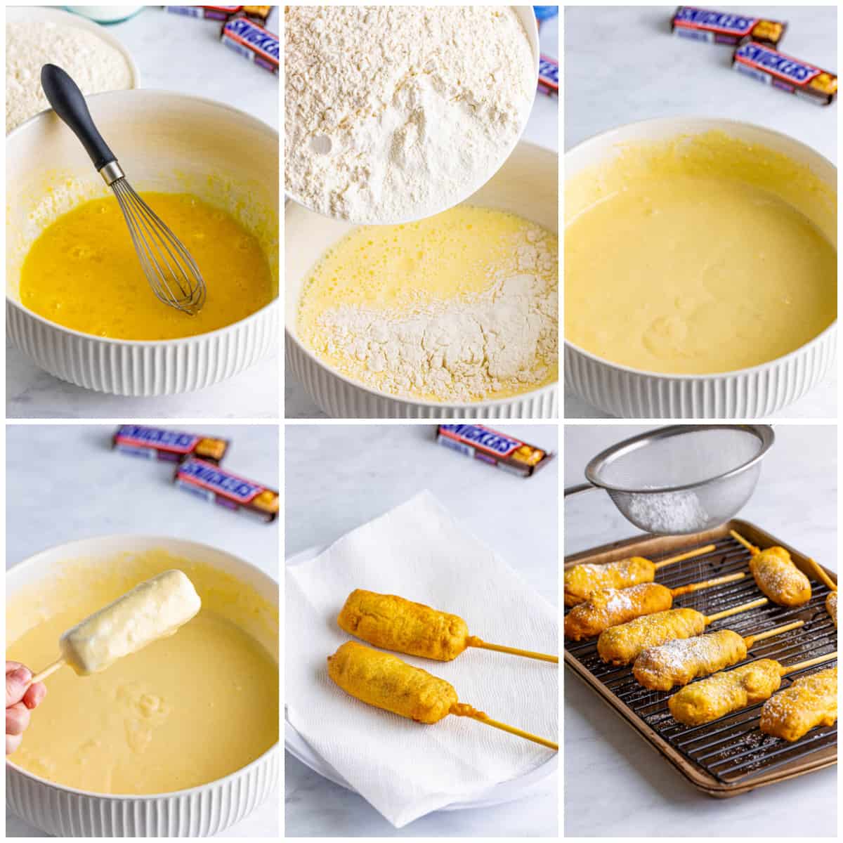Step by step photos on how to make Deep Fried Snickers.