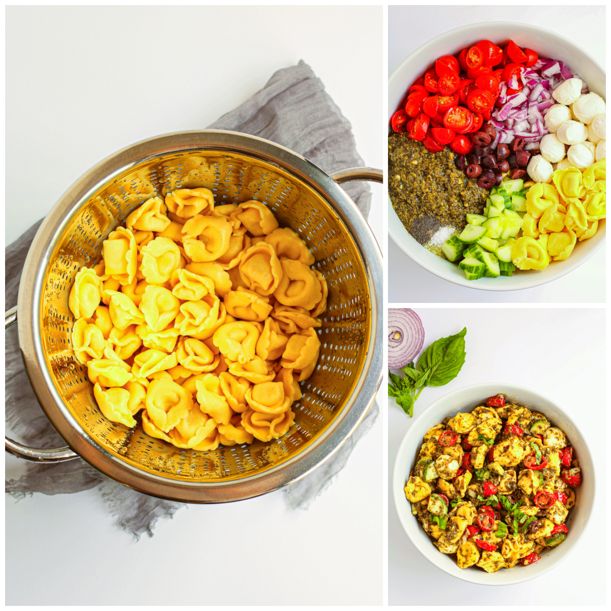Step by step photos on how to make a Tortellini Pasta Salad.