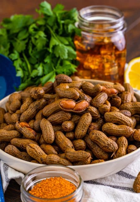 Boiled Peanuts in large bowl with seasoning and tea in background and some peanuts being showed open.