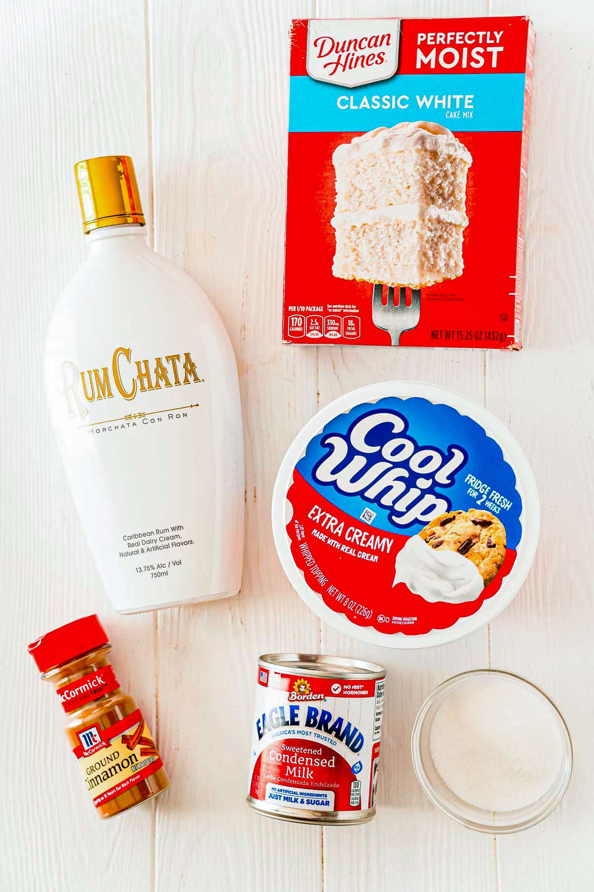 Ingredients needed to make a RumChata Poke Cake.