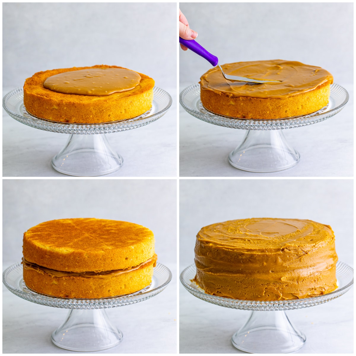 Step by step photos on how to assemble a Homemade Caramel Cake.