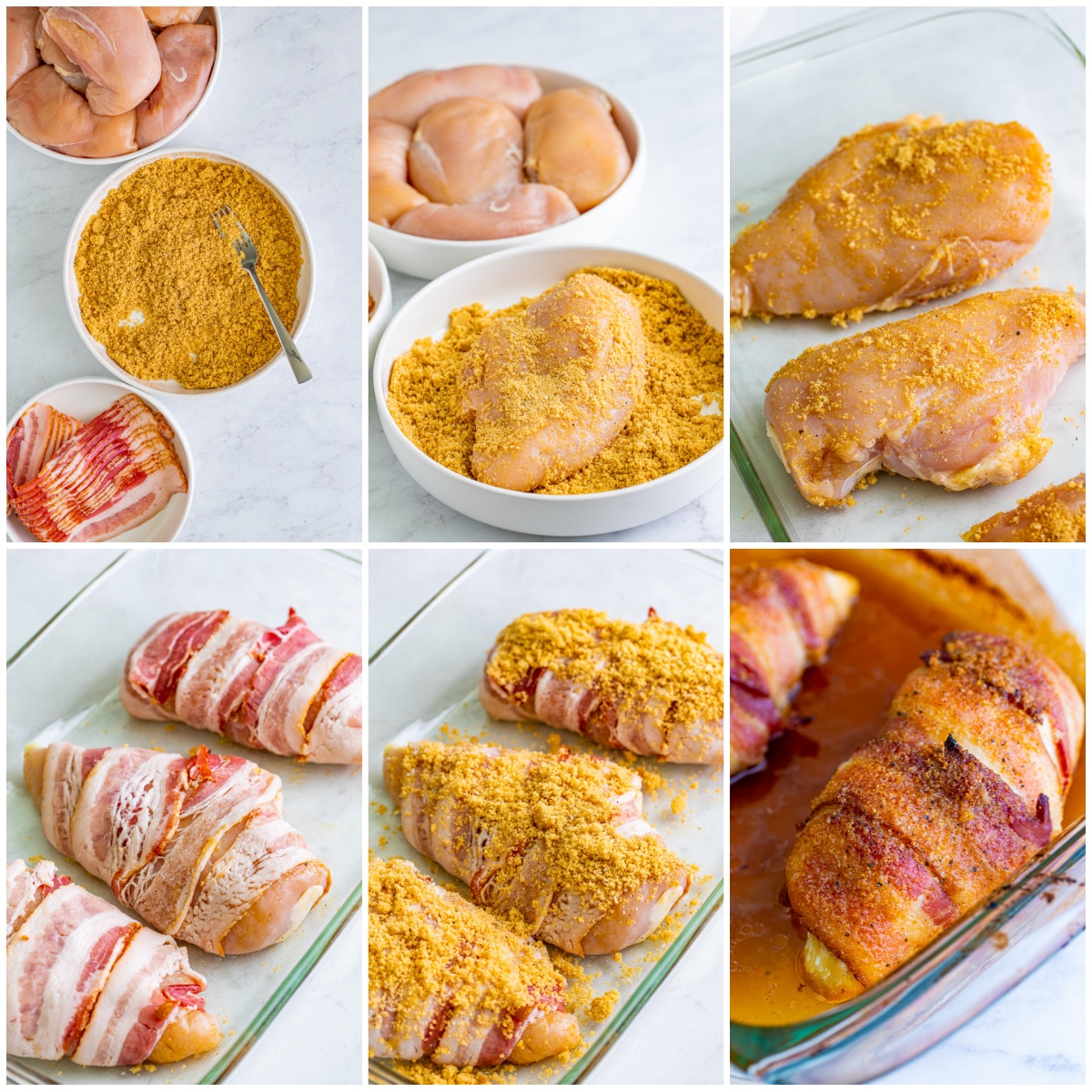 Step by step photos on how to make Brown Sugar Bacon Wrapped Chicken.