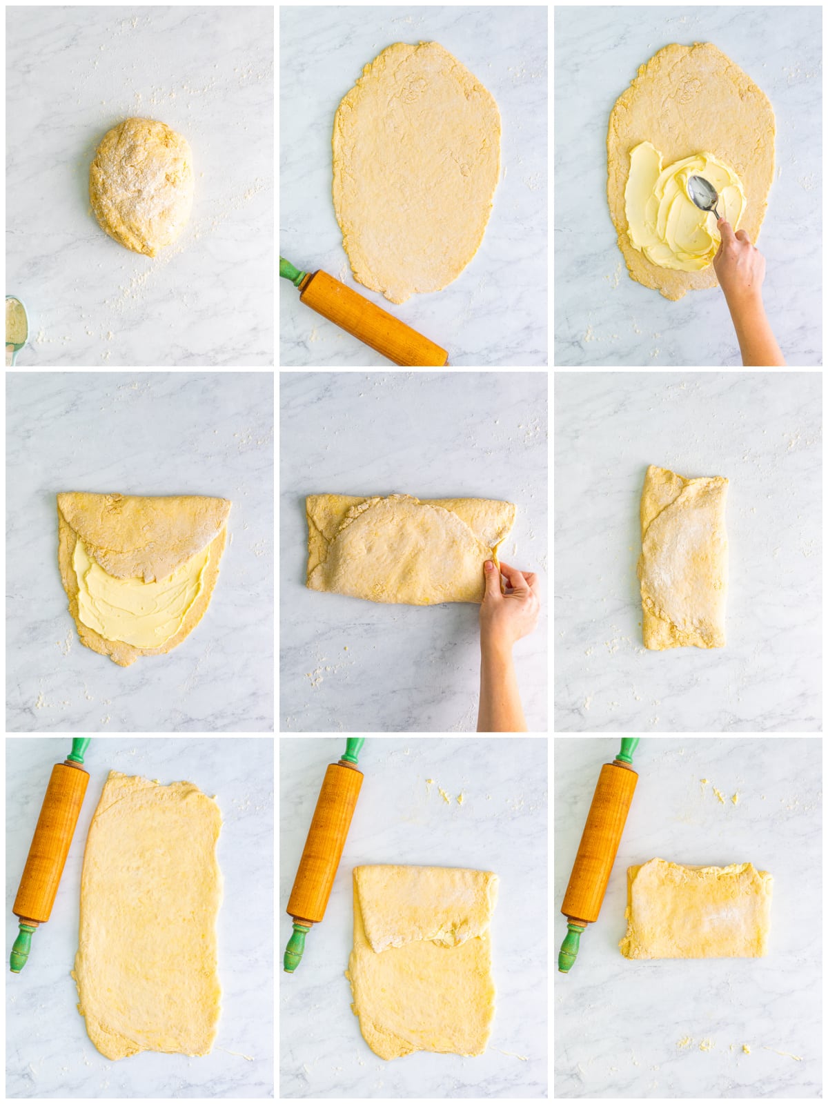 Step by step photos on how to fold dough for the Soft Cinnamon Rolls.