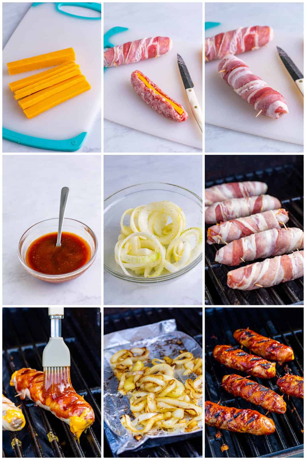 Step by step photos on how to make Cheese Stuffed Bacon Wrapped Brats.