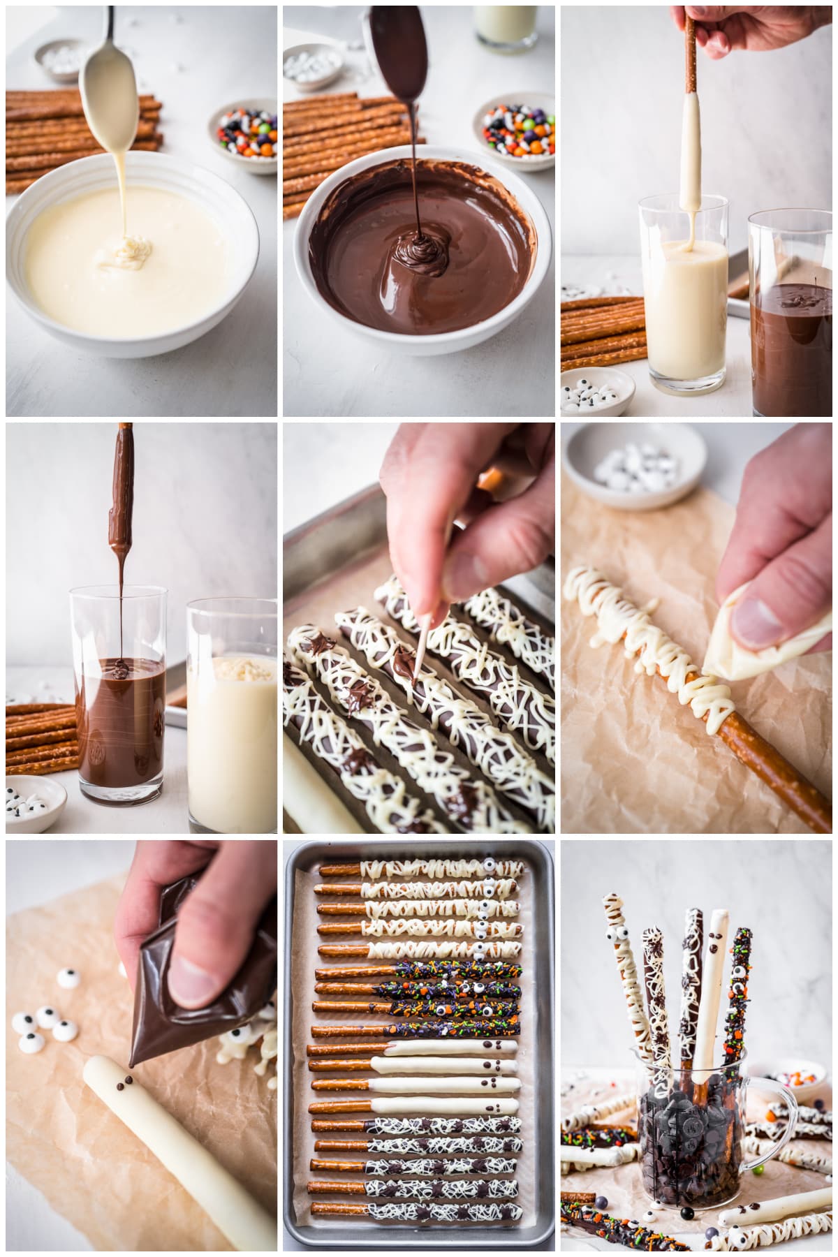 Step by step photos on how to make Halloween Chocolate Pretzel Rods.