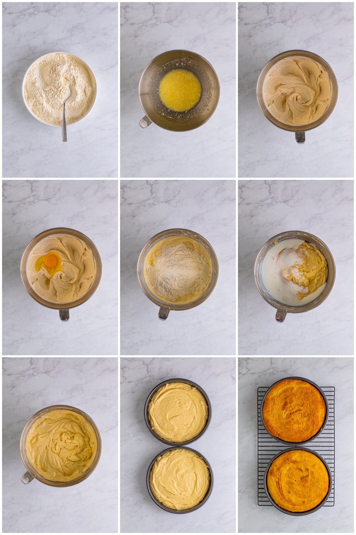 Step by step photos on how to make the cake layers.