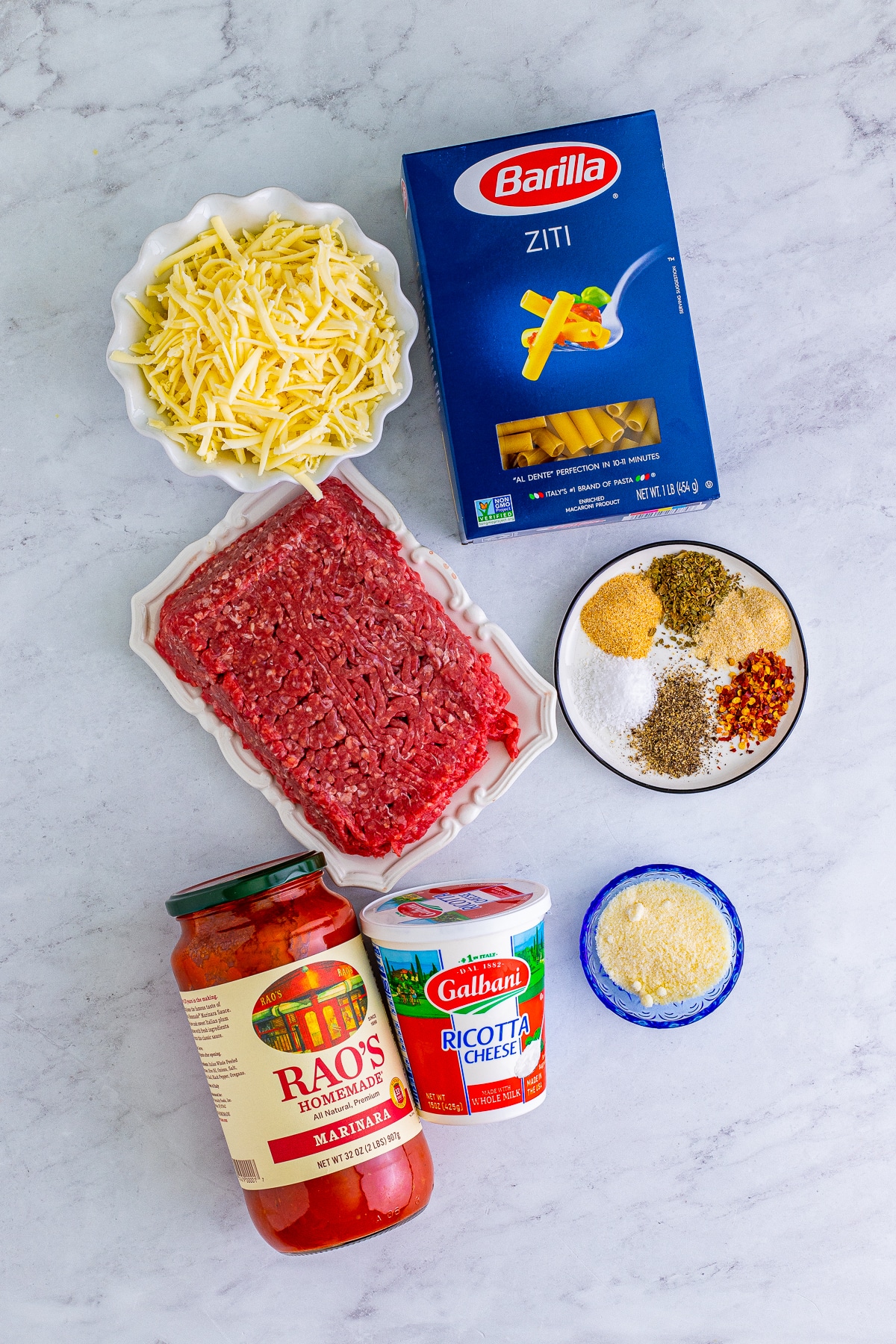 Ingredients needed to make Easy Baked Ziti.