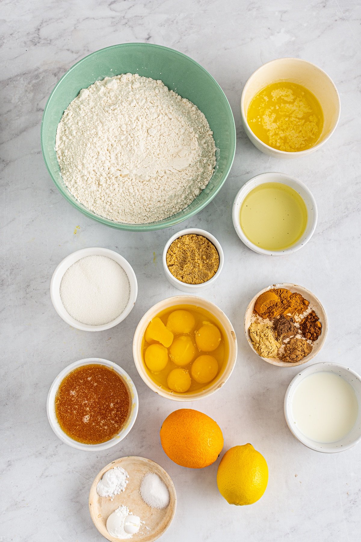 Ingredients needed to make a Honey Citrus Spiced Bundt Cake.