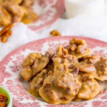 Close up of pink vintage plate with Pecan Pralines Recipe stacked on eachother.