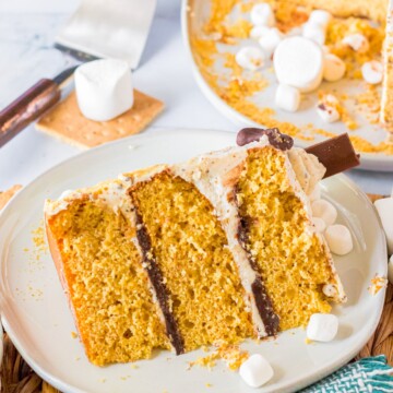 Slice of S'mores Layer Cake on white plate.