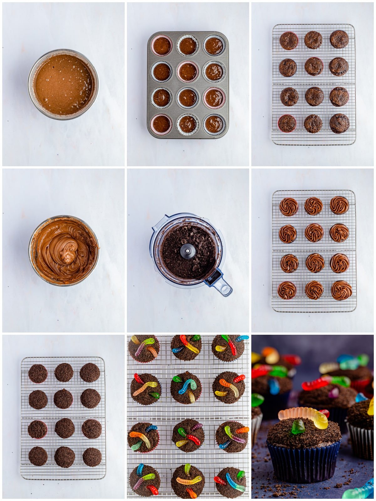 Step by step photos on how to make Dirt Cupcakes.