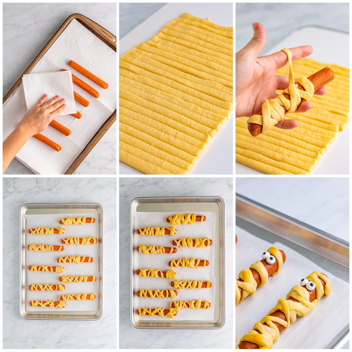 Step by step photos on how to make Mummy Dogs.