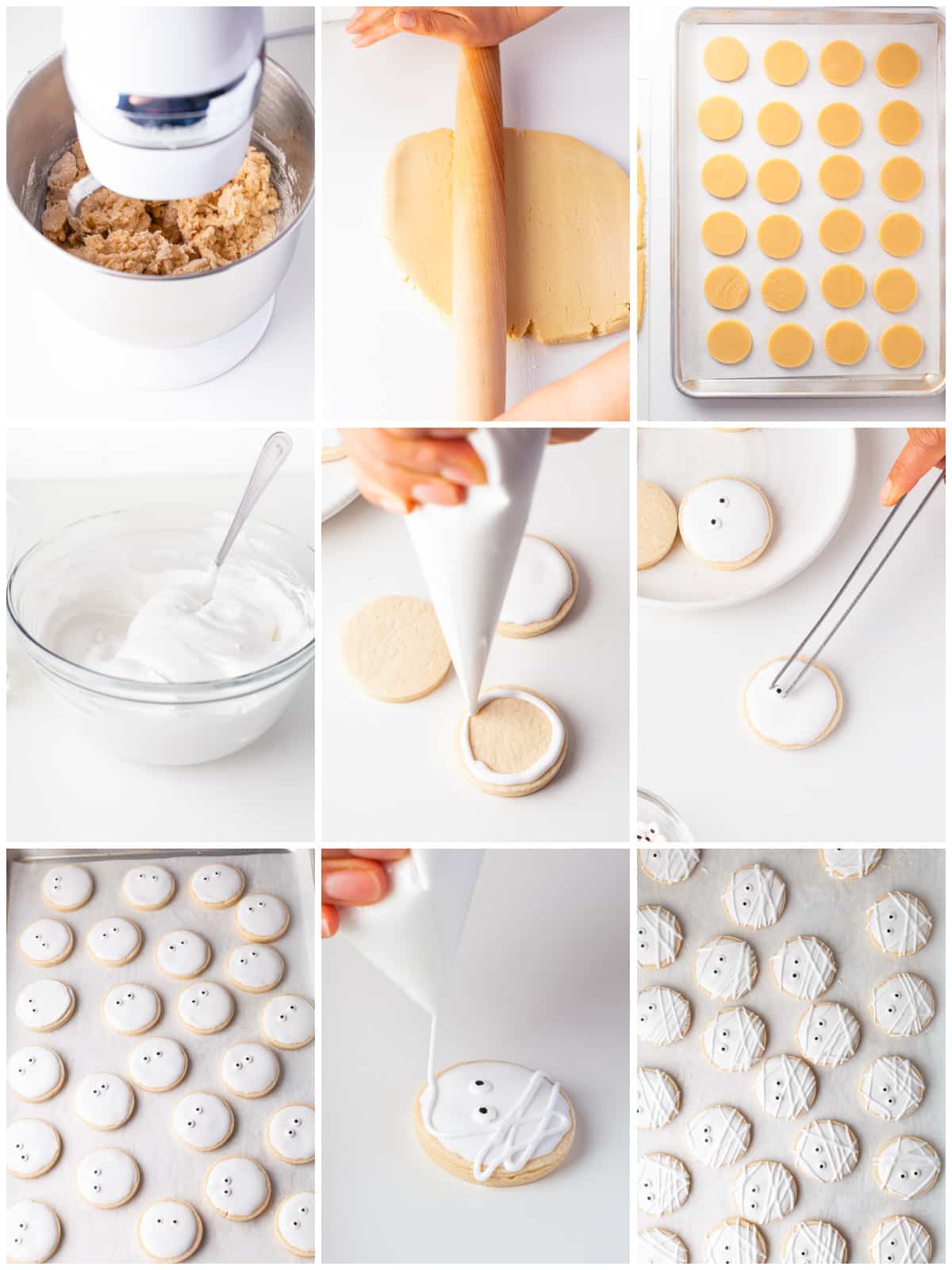 Step by step photos on how to make Mummy Cookies.