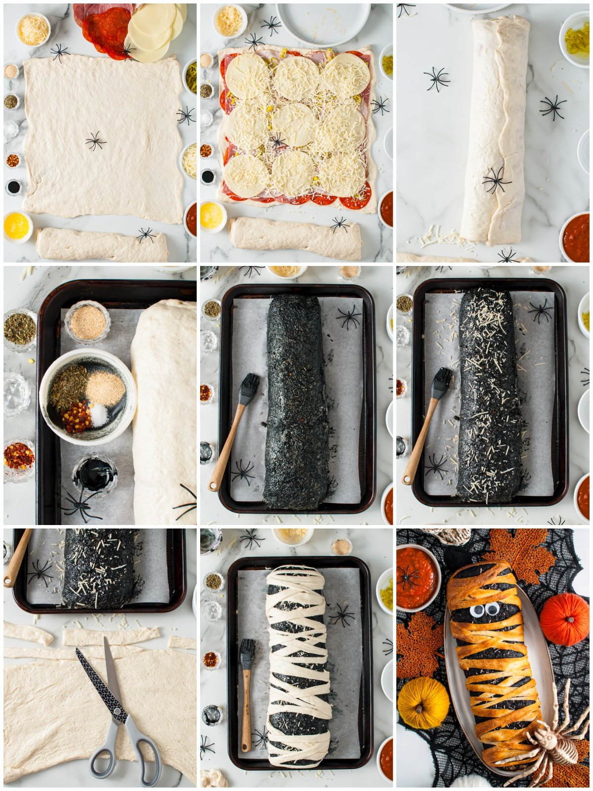 Step by step photos on how to make a Mummy Stromboli.