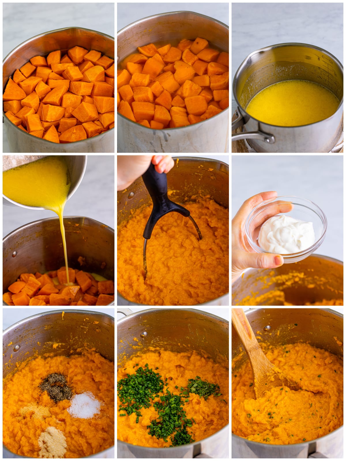 Step by step photos on how to make Savory Mashed Sweet Potatoes.