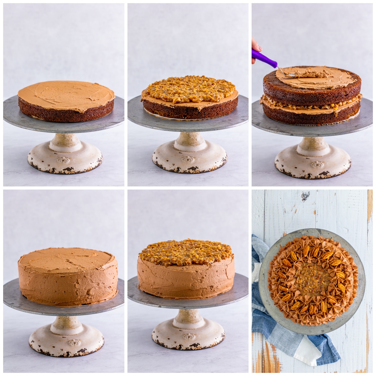 Step by step photos on how to assemble a German Chocolate Cake Recipe.